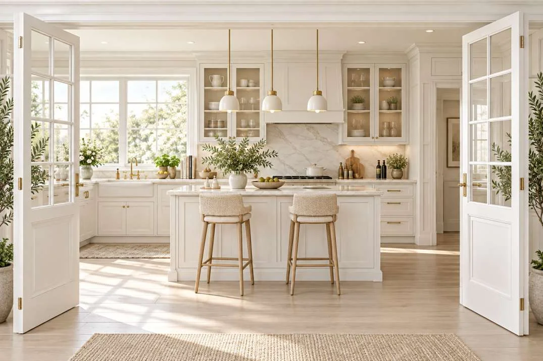 Modern kitchen with natural stone island countertop